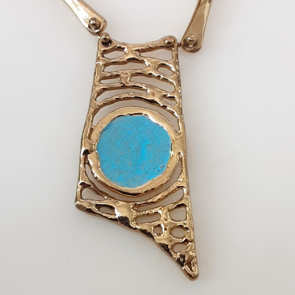 ANNE DICK Modernist|Brutalis Hammered Bronze Tiffany Blue Inlay Pendant Necklace - Picture 3 of 10